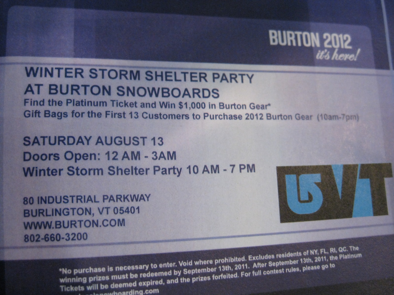 Burton WINTER STORM SHELTER PARTY August 13 Burlington VT